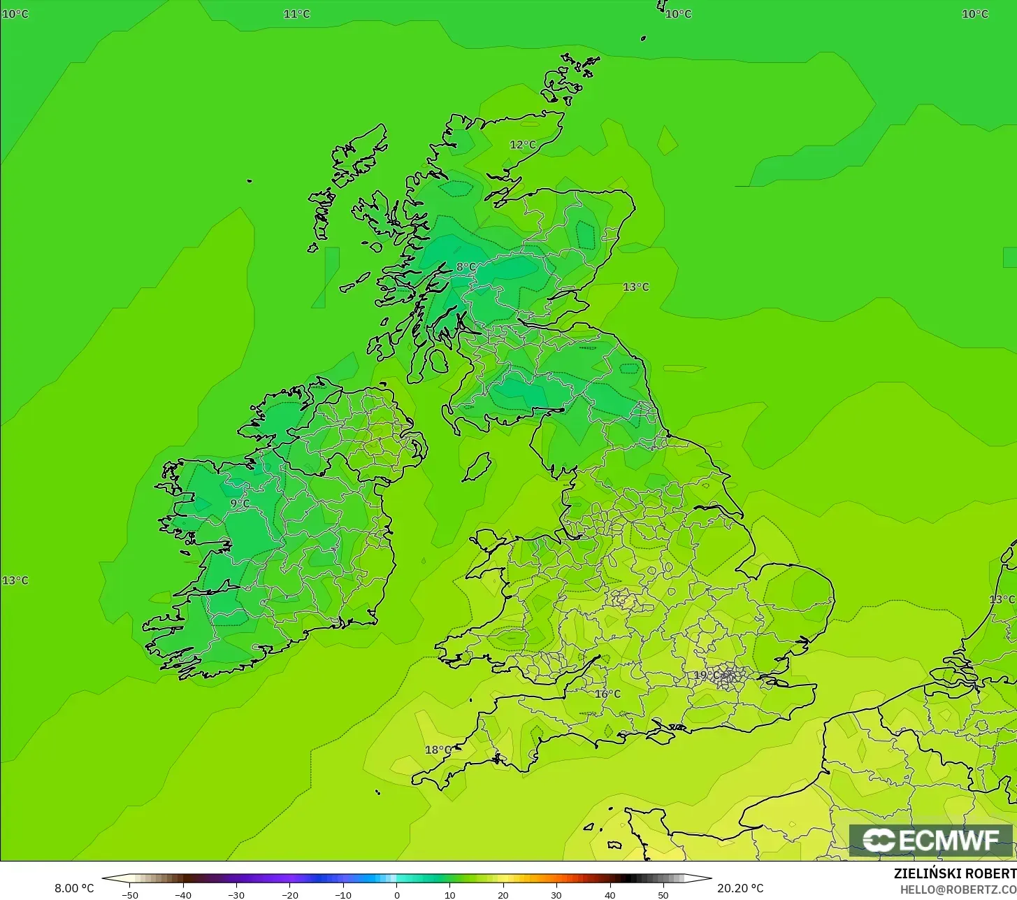 ECMWF IFS 0.25° modelo - Reino Unido, Temperatura a 2 m
