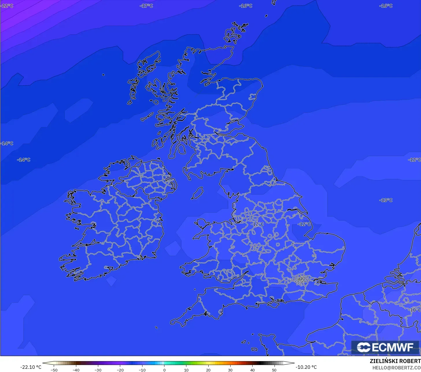 ECMWF IFS 0.25° modelo - Reino Unido, Temperatura a 500 hPa