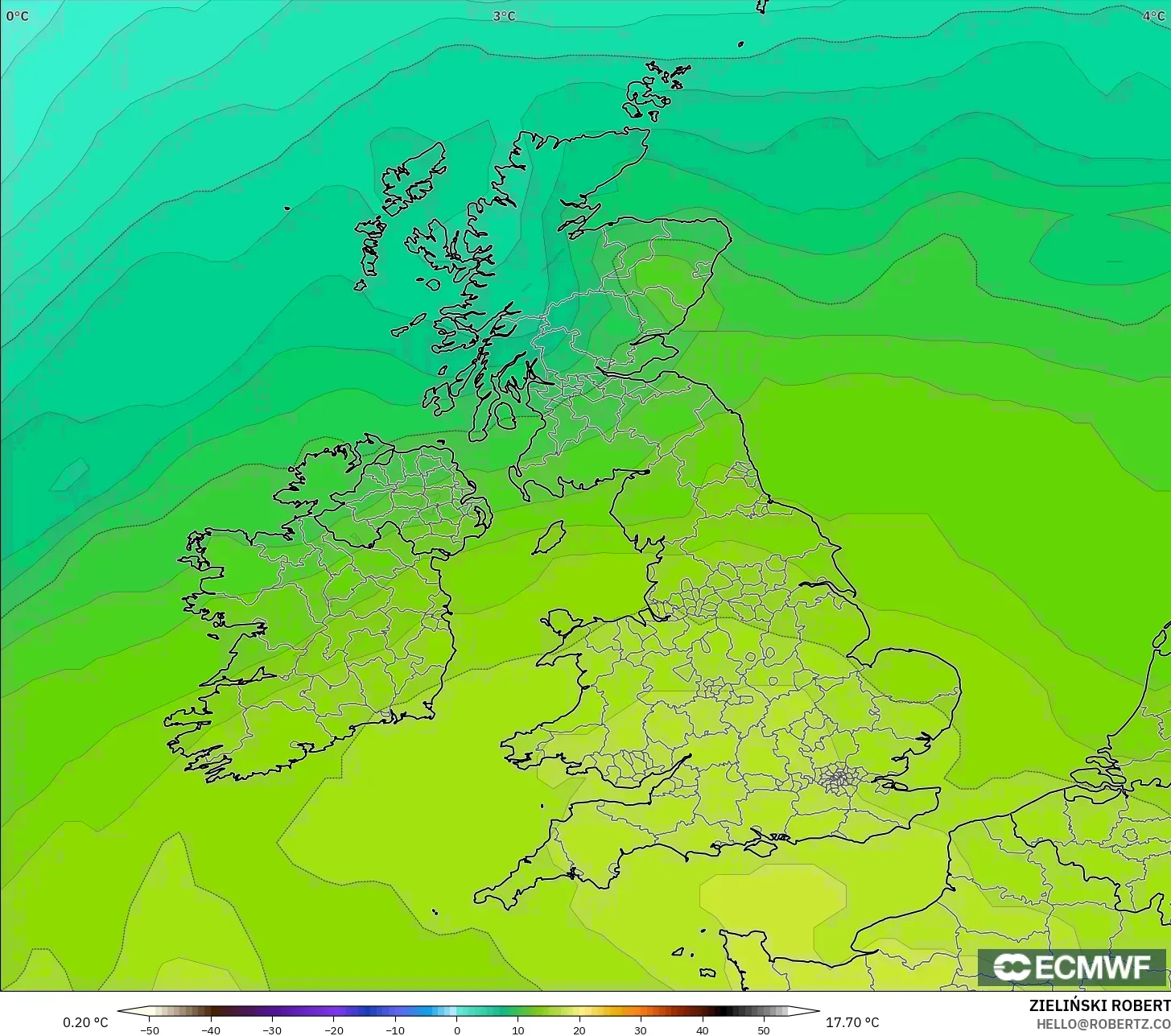 ECMWF IFS 0.25° modelo - Reino Unido, Temperatura a 850 hPa