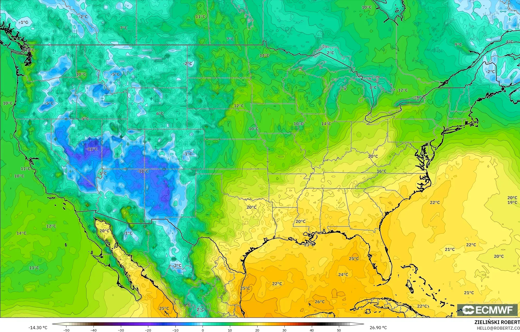 ECMWF IFS 0.25° modelo - Estados Unidos, Punto de rocío a 2 m