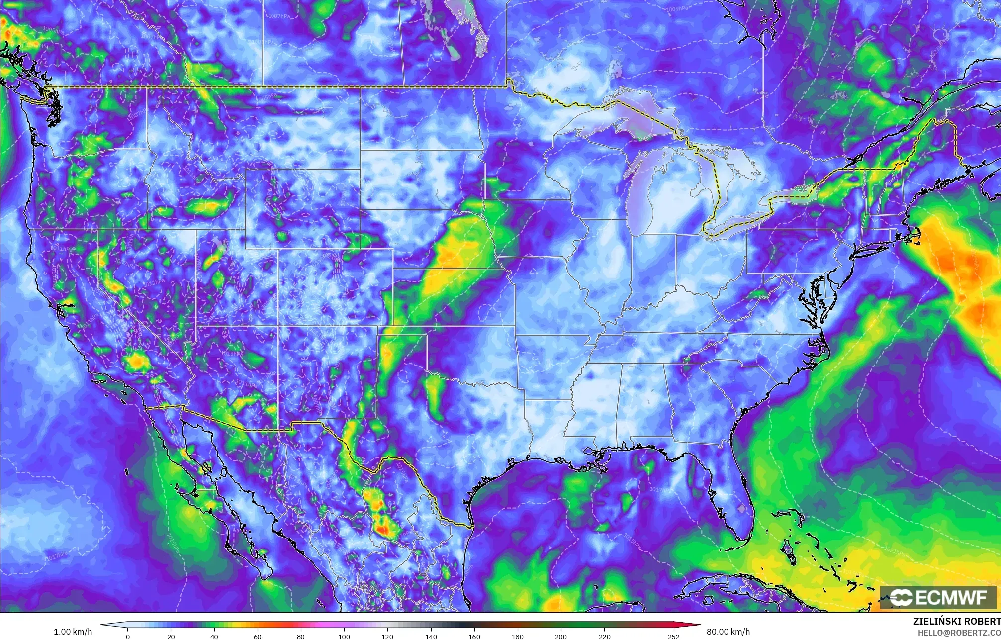 ECMWF IFS 0.25° modelo - Estados Unidos, Ráfagas de viento