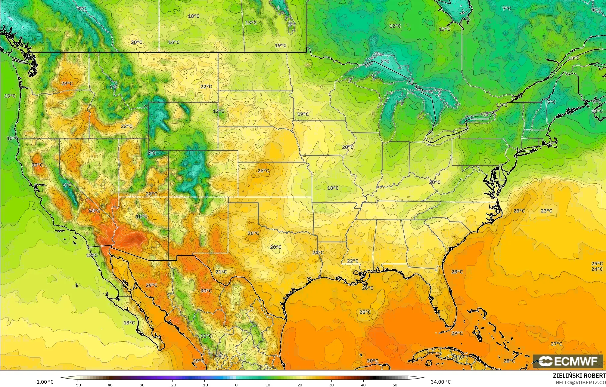 ECMWF IFS 0.25° modelo - Estados Unidos, Temperatura a 2 m