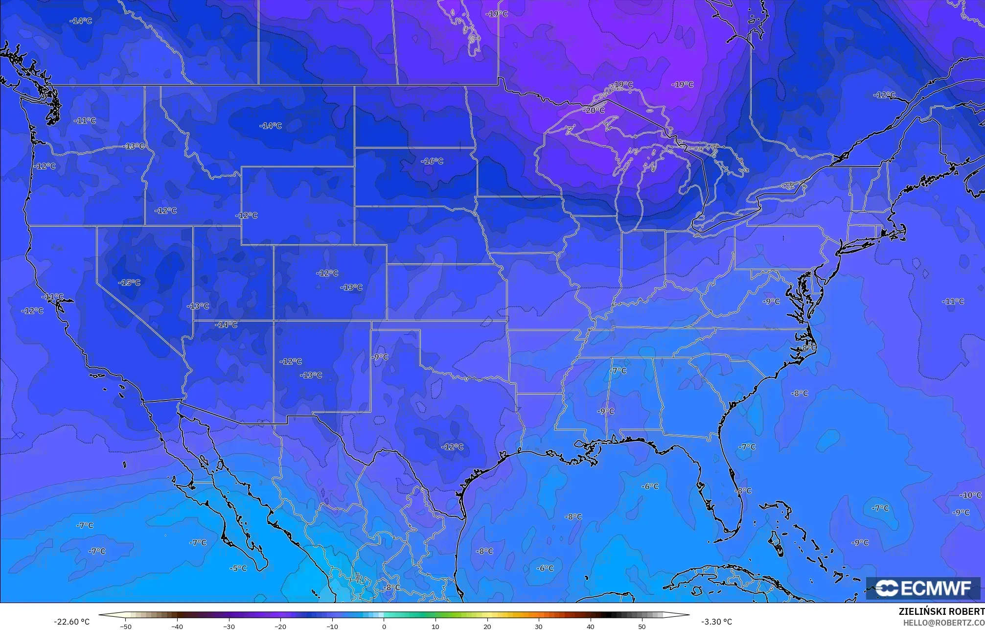 ECMWF IFS 0.25° modelo - Estados Unidos, Temperatura a 500 hPa