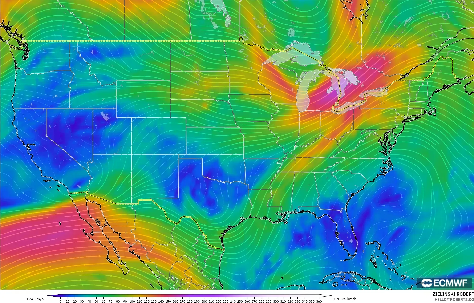ECMWF IFS 0.25° modelo - Estados Unidos, Viento a 300 hPa (corriente en chorro)