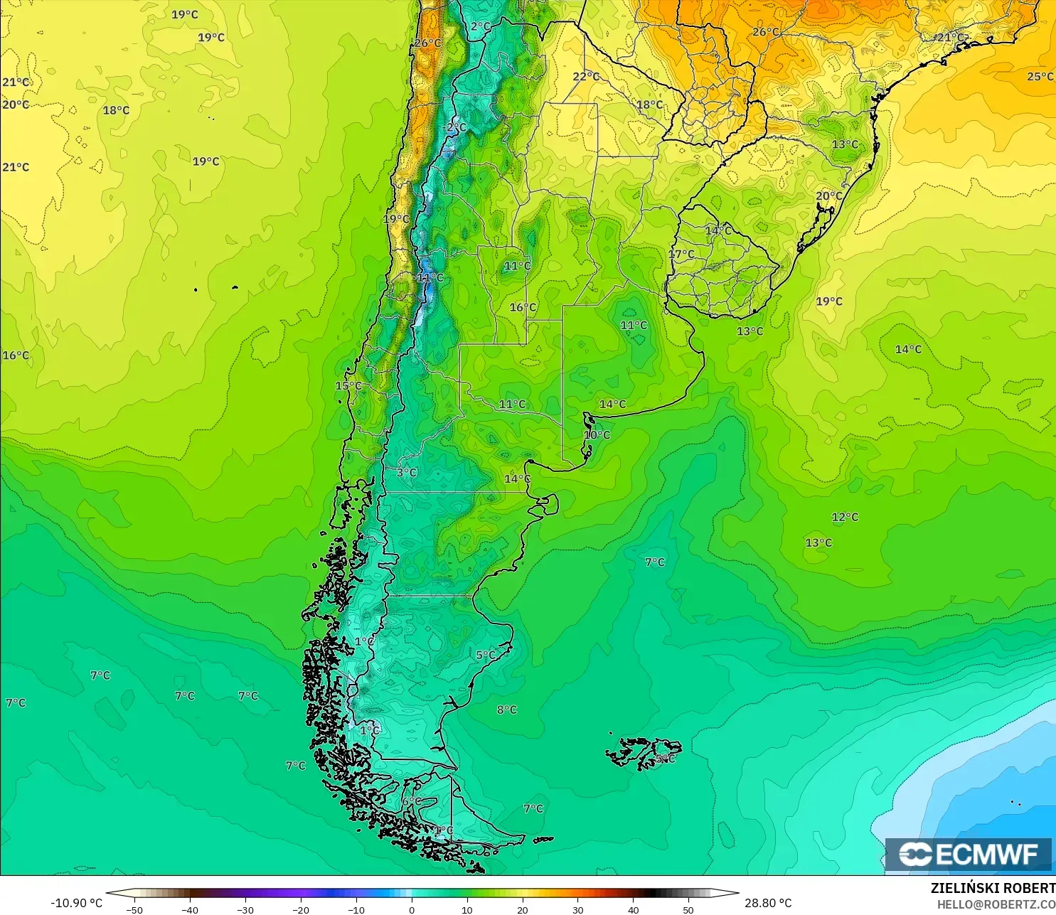 ECMWF IFS 0.25° modelo - Argentina, Temperatura a 2 m