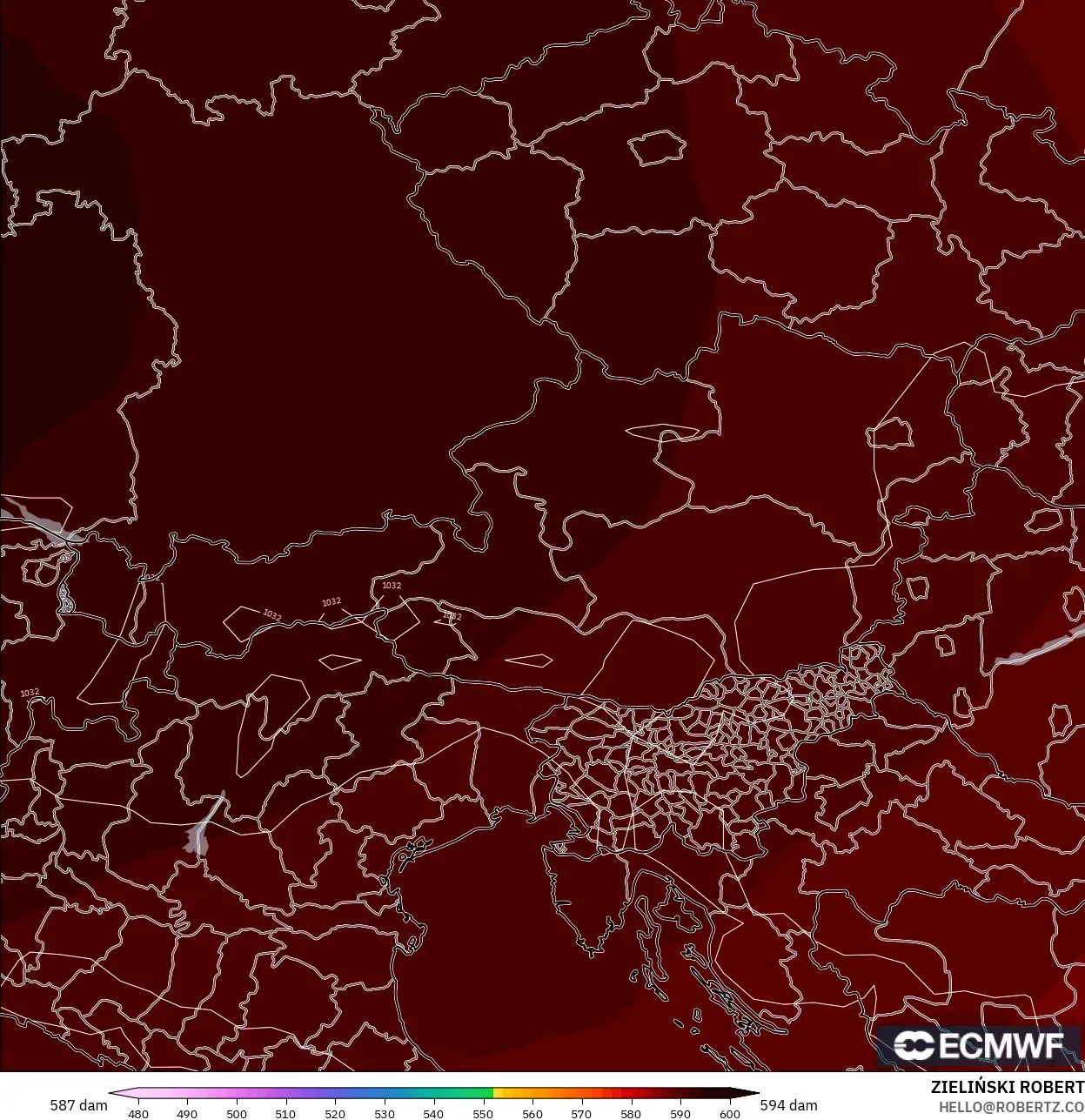ECMWF IFS 0.25° modelo - Austria, Altura geopotencial a 500 hPa