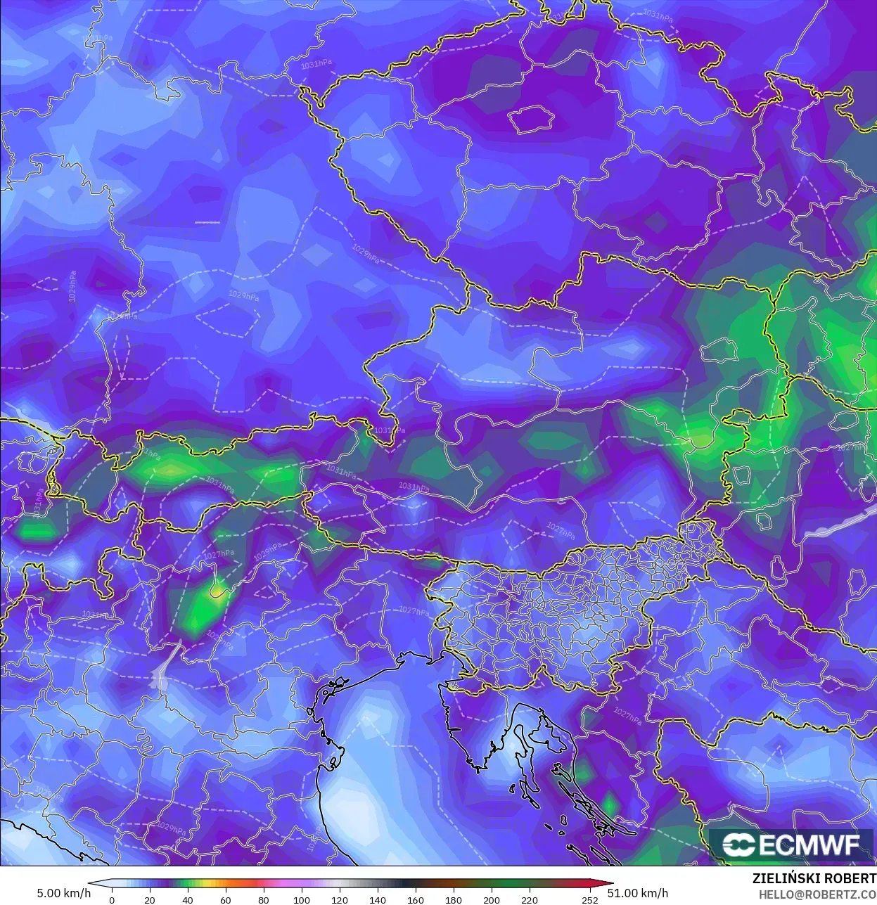 ECMWF IFS 0.25° modelo - Austria, Ráfagas de viento