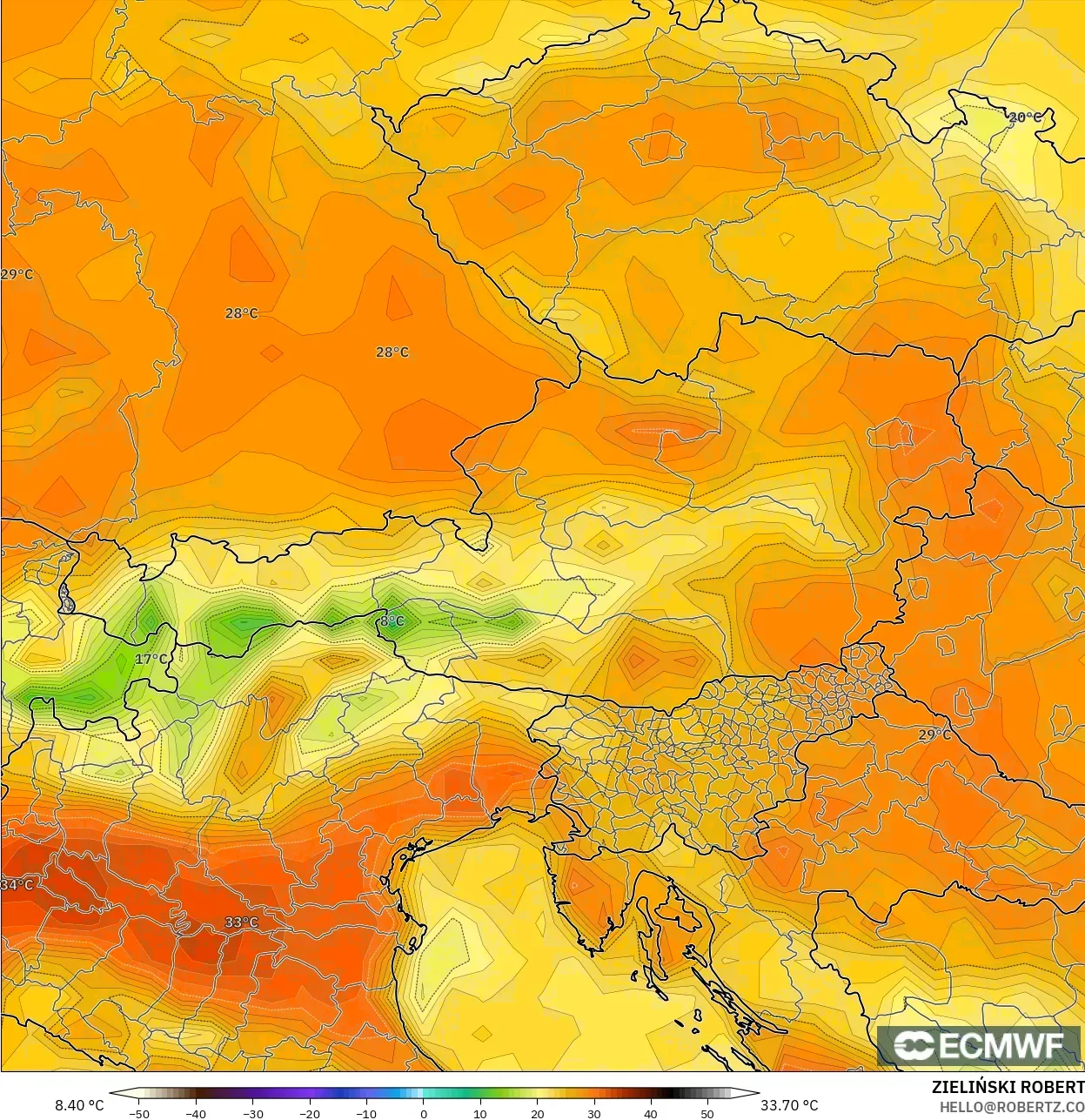 ECMWF IFS 0.25° modelo - Austria, Temperatura a 2 m