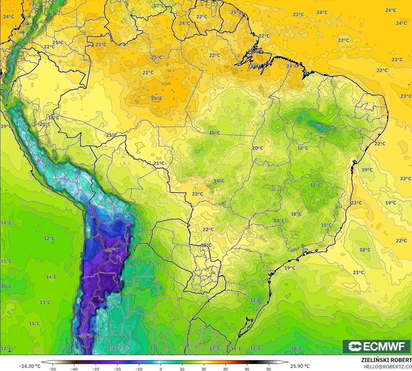 ECMWF IFS 0.25° modelo - Brasil, Punto de rocío a 2 m