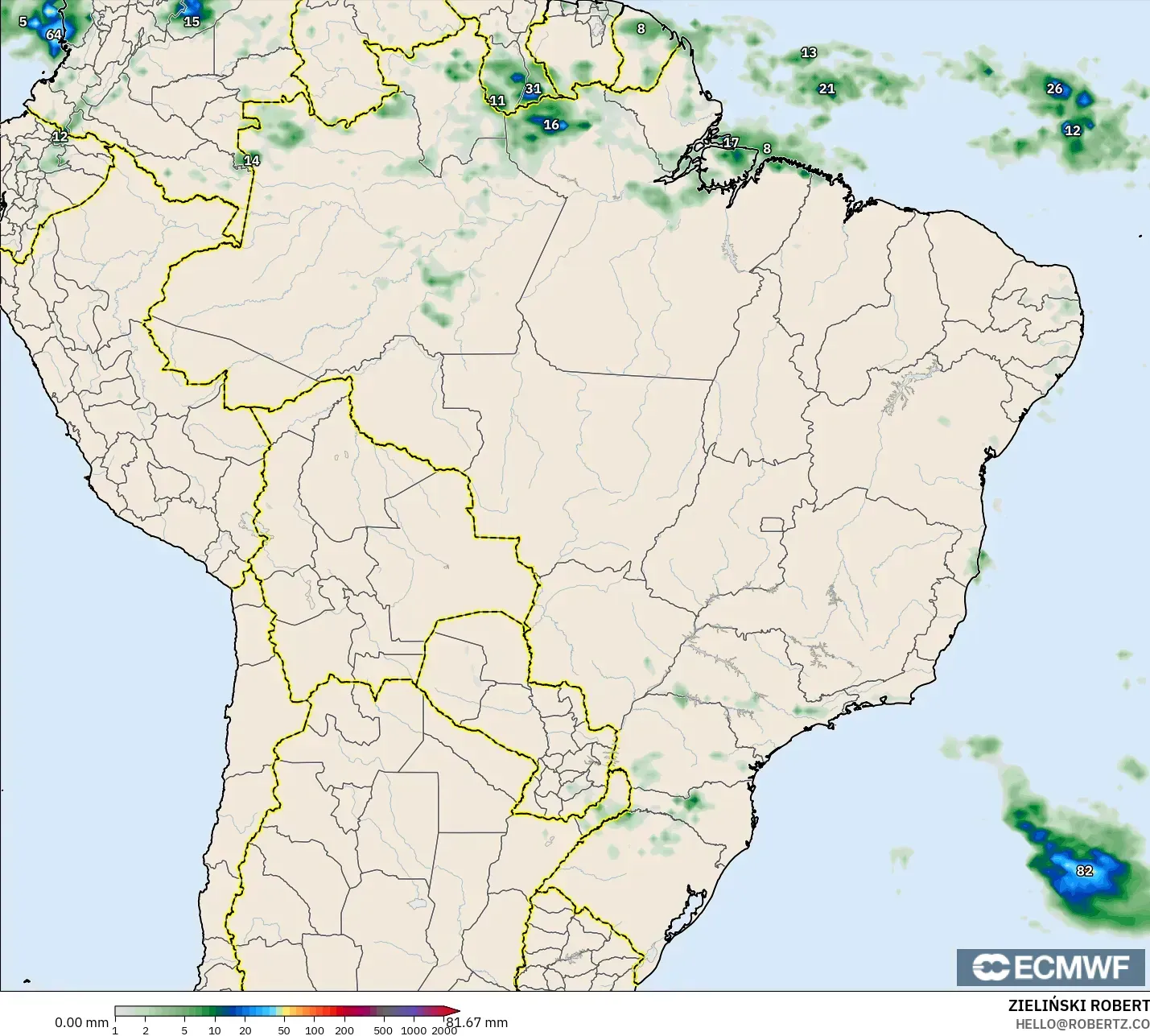 ECMWF IFS 0.25° modelo - Brasil, Acumulación de precipitación