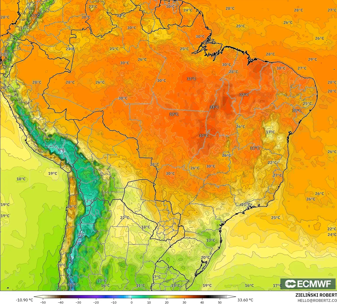 ECMWF IFS 0.25° modelo - Brasil, Temperatura a 2 m