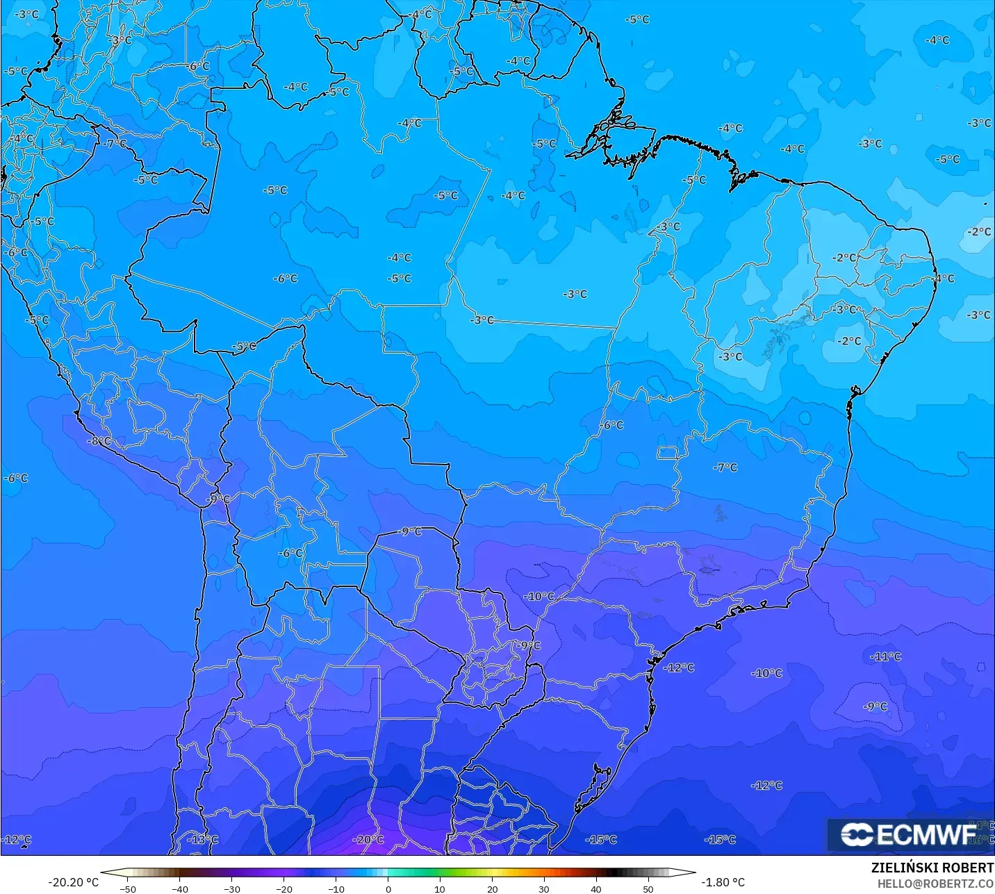 ECMWF IFS 0.25° modelo - Brasil, Temperatura a 500 hPa