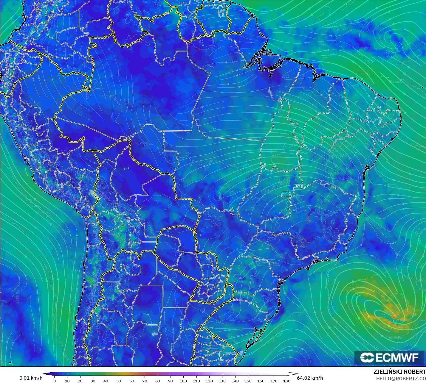 ECMWF IFS 0.25° modelo - Brasil, Viento a 10 m
