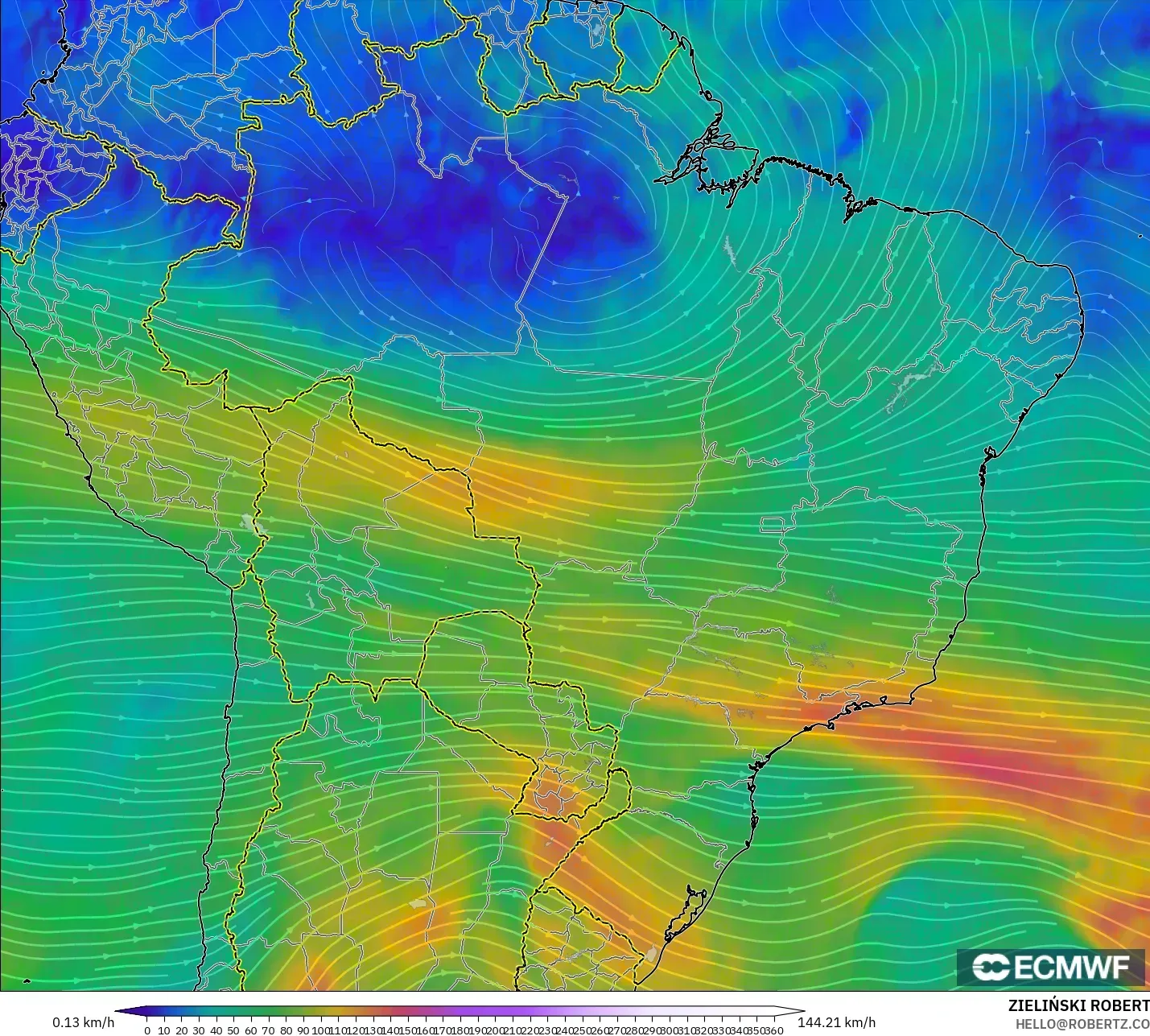 ECMWF IFS 0.25° modelo - Brasil, Viento a 300 hPa (corriente en chorro)