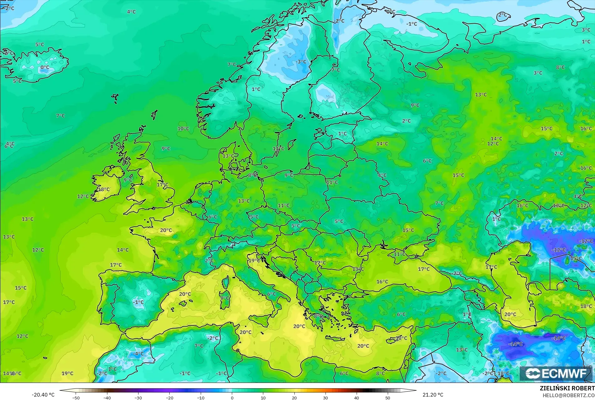 ECMWF IFS 0.25° modelo - Europa, Punto de rocío a 2 m