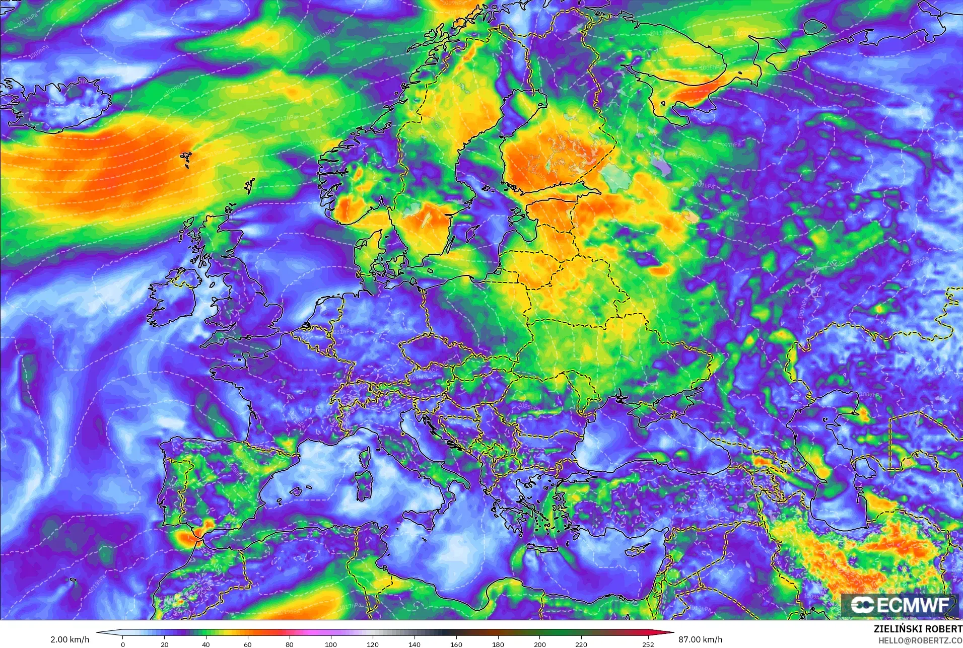 ECMWF IFS 0.25° modelo - Europa, Ráfagas de Viento Máximas