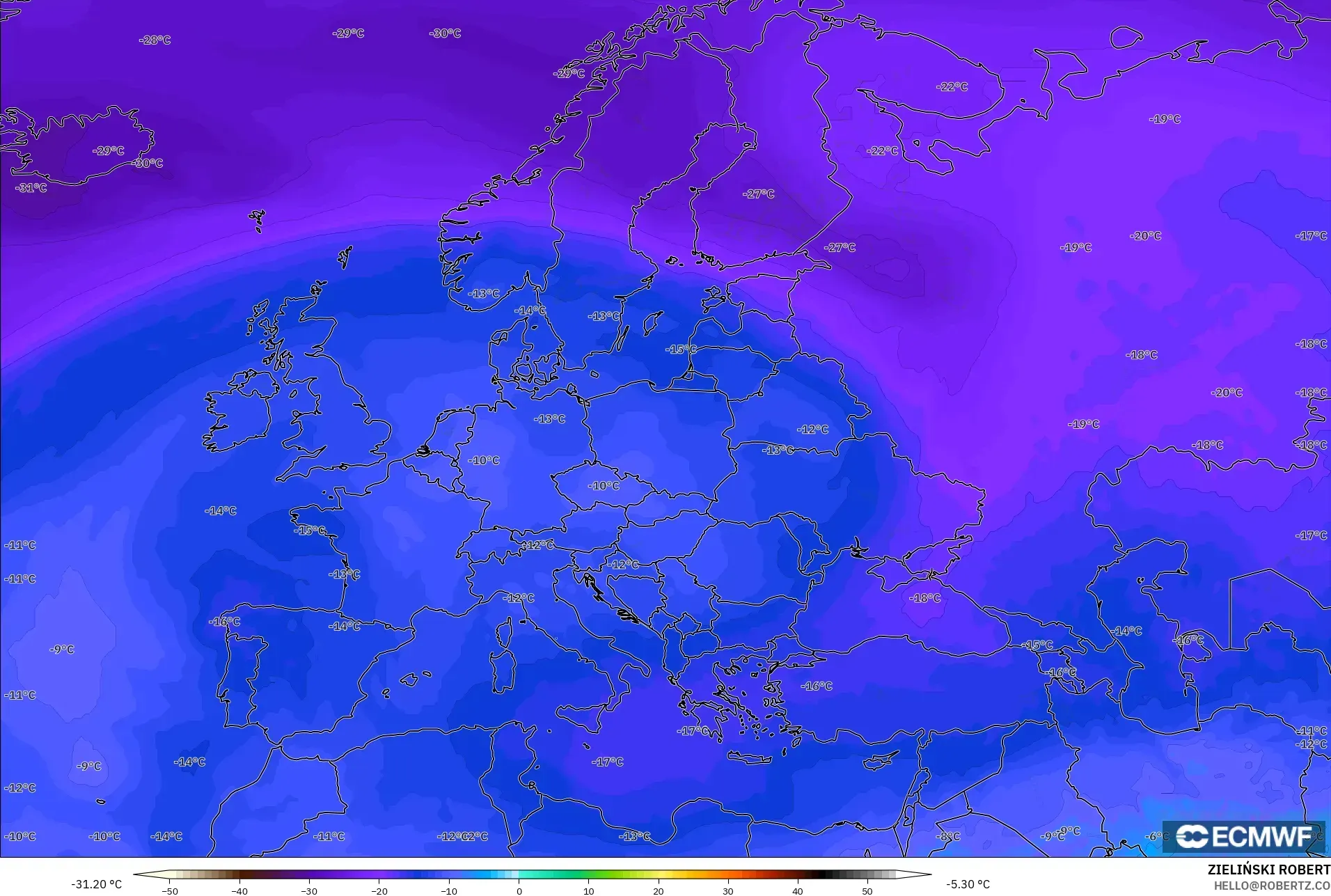 ECMWF IFS 0.25° modelo - Europa, Temperatura a 500 hPa