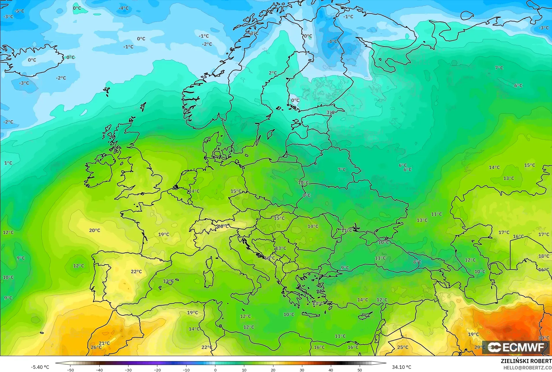 ECMWF IFS 0.25° modelo - Europa, Temperatura a 850 hPa