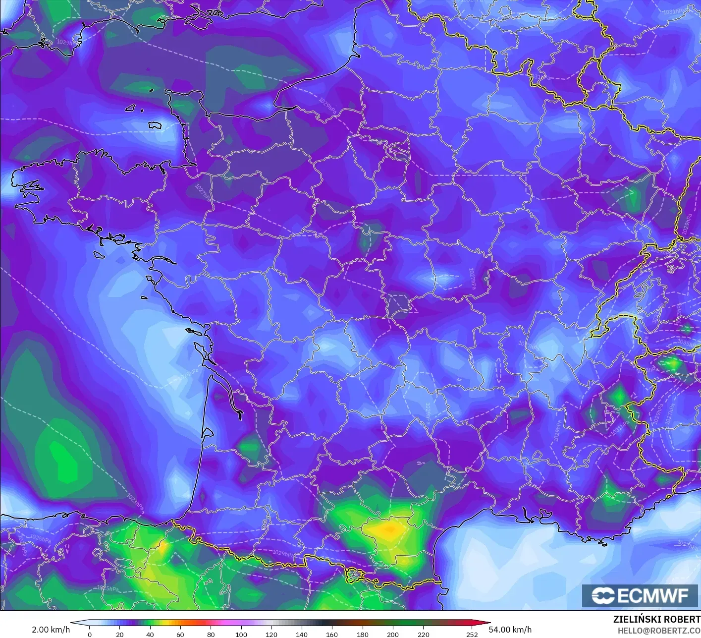 ECMWF IFS 0.25° modelo - Francia, Ráfagas de Viento Máximas