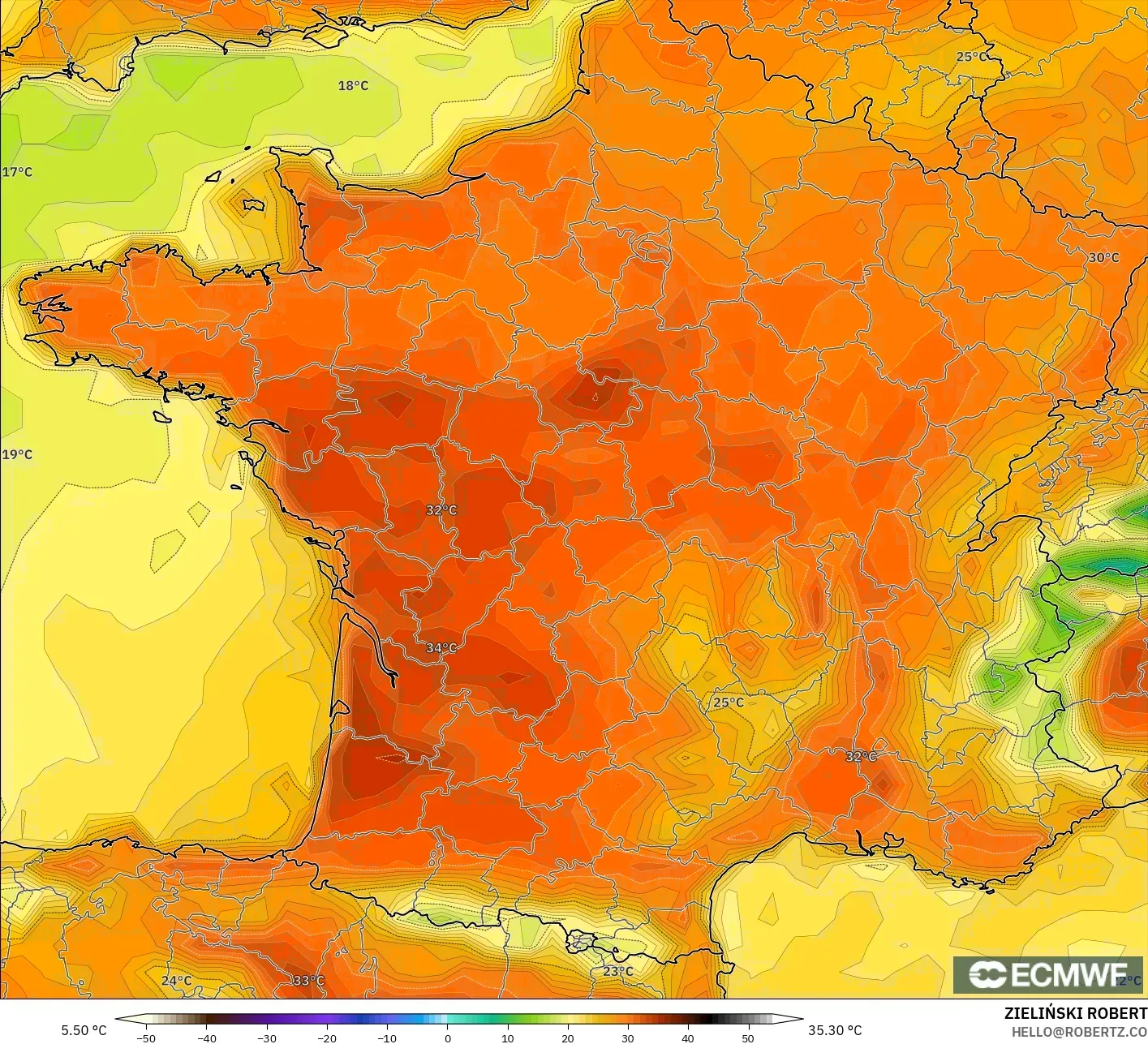 ECMWF IFS 0.25° modelo - Francia, Temperatura a 2 m