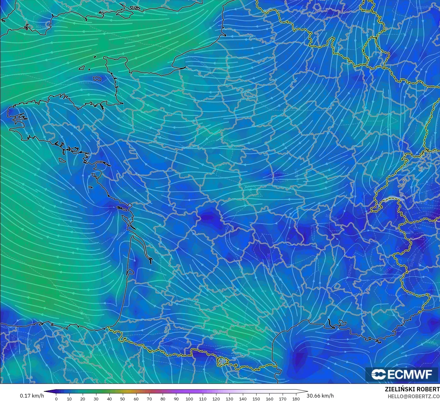 ECMWF IFS 0.25° modelo - Francia, Viento a 10 m