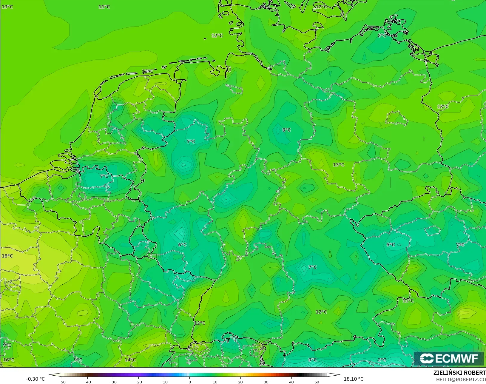 ECMWF IFS 0.25° modelo - Alemania, Punto de rocío a 2 m