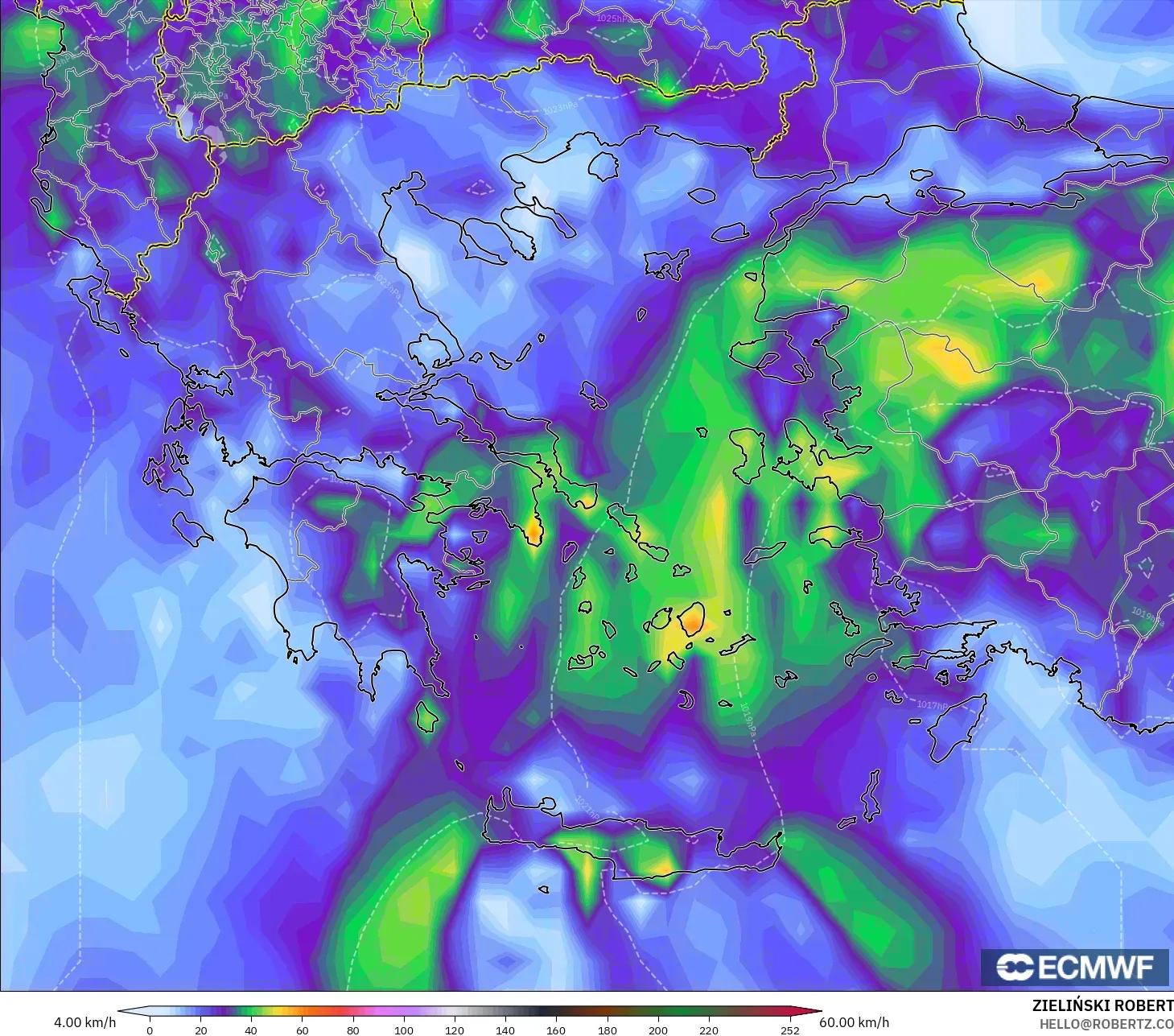 ECMWF IFS 0.25° modelo - Grecia, Ráfagas de Viento Máximas