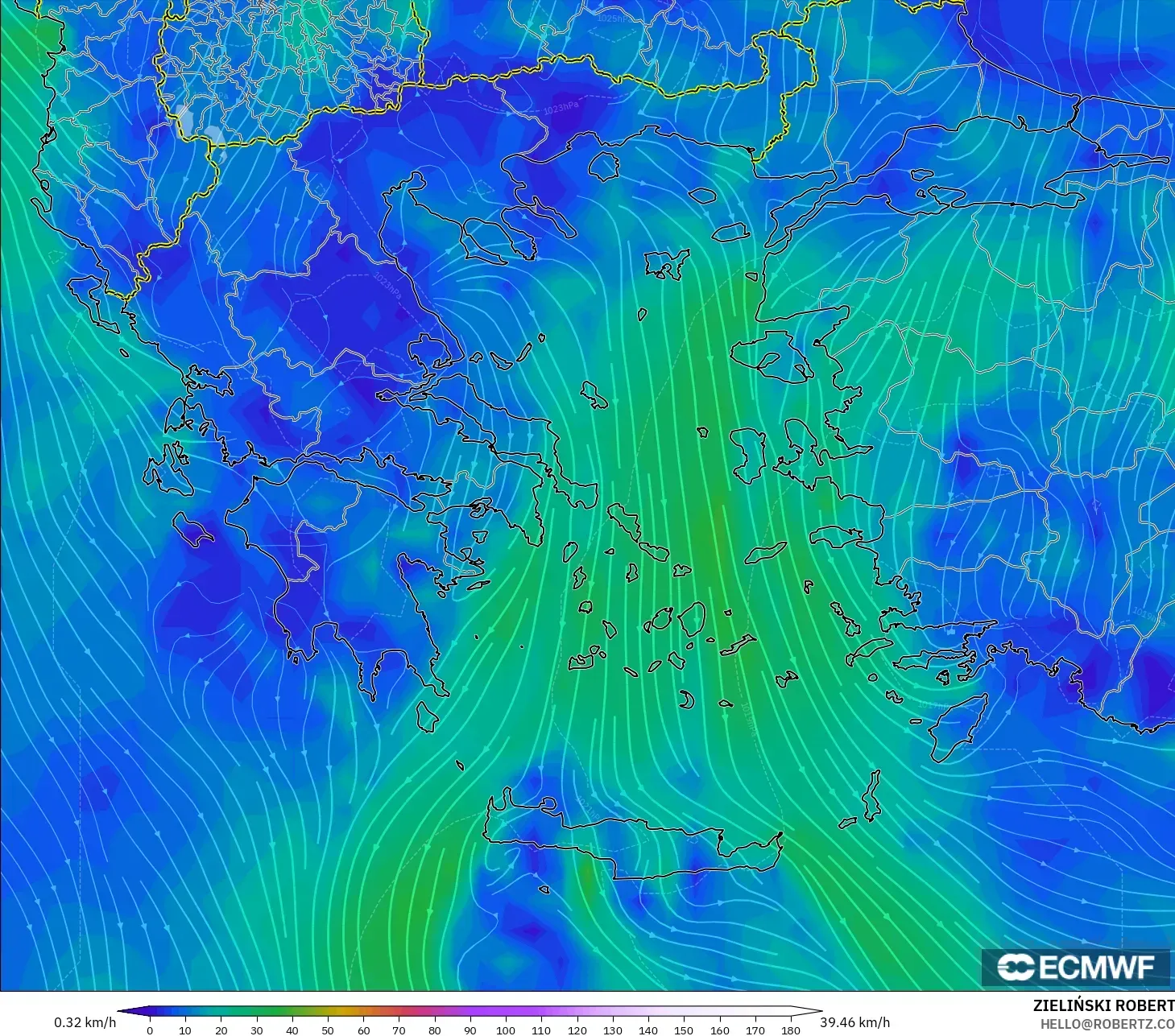 ECMWF IFS 0.25° modelo - Grecia, Viento a 10 m