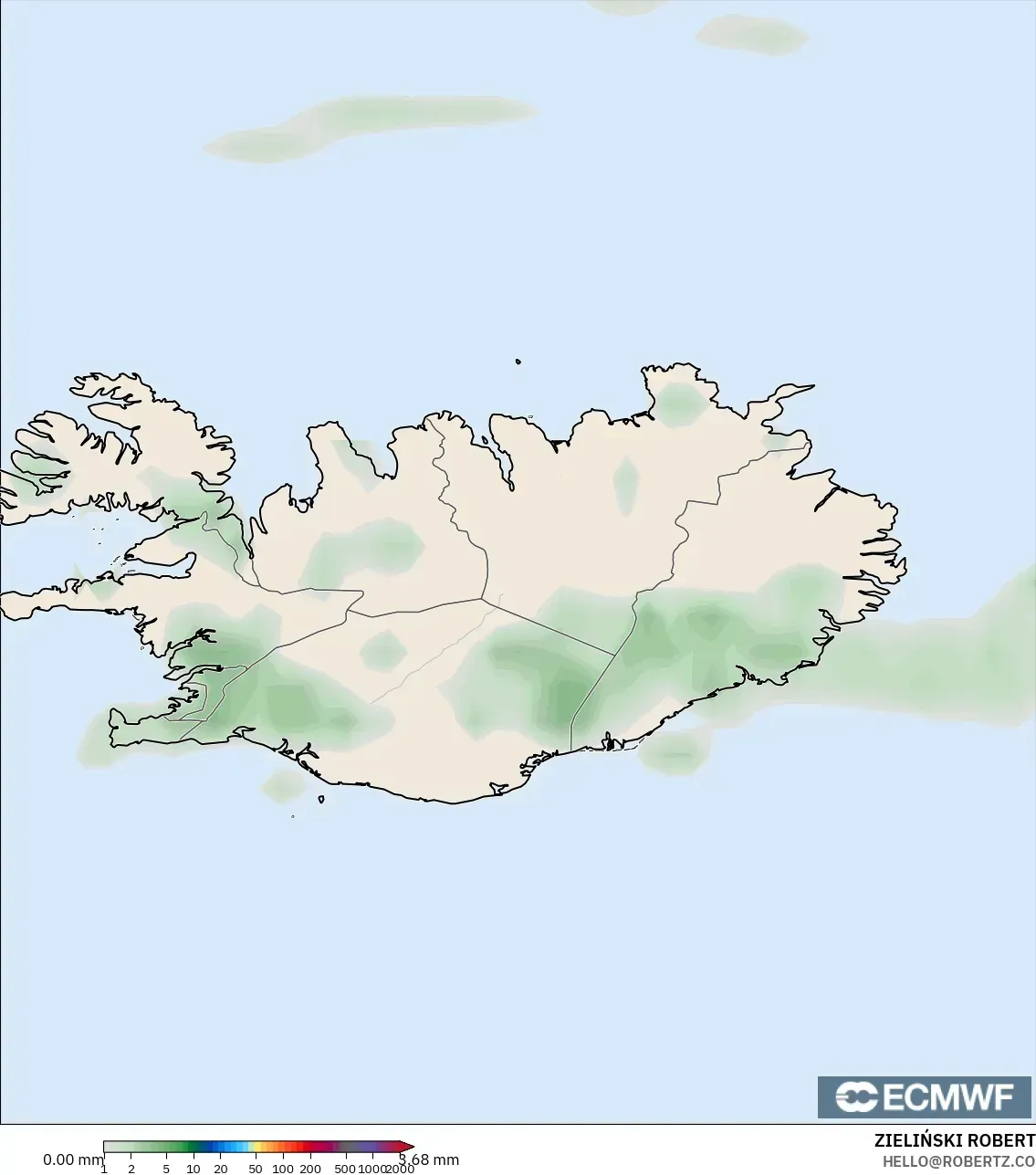 ECMWF IFS 0.25° modelo - Islandia, Acumulación de precipitación
