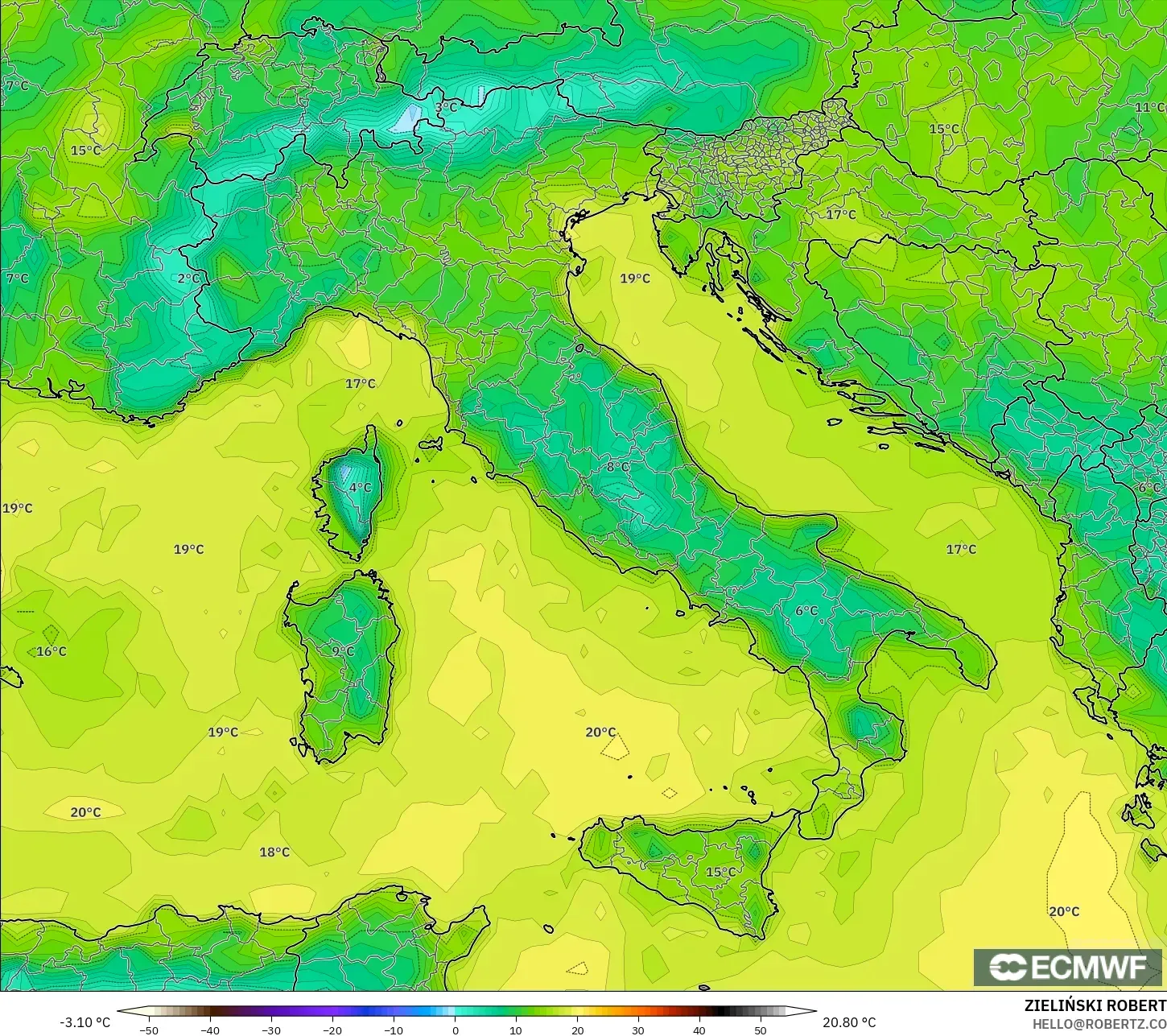 ECMWF IFS 0.25° modelo - Italia, Punto de rocío a 2 m