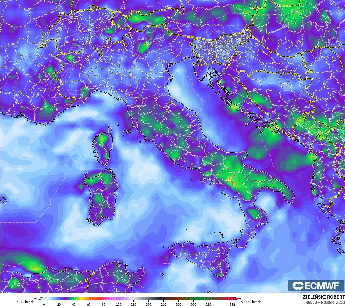 ECMWF IFS 0.25° modelo - Italia, Ráfagas de Viento Máximas