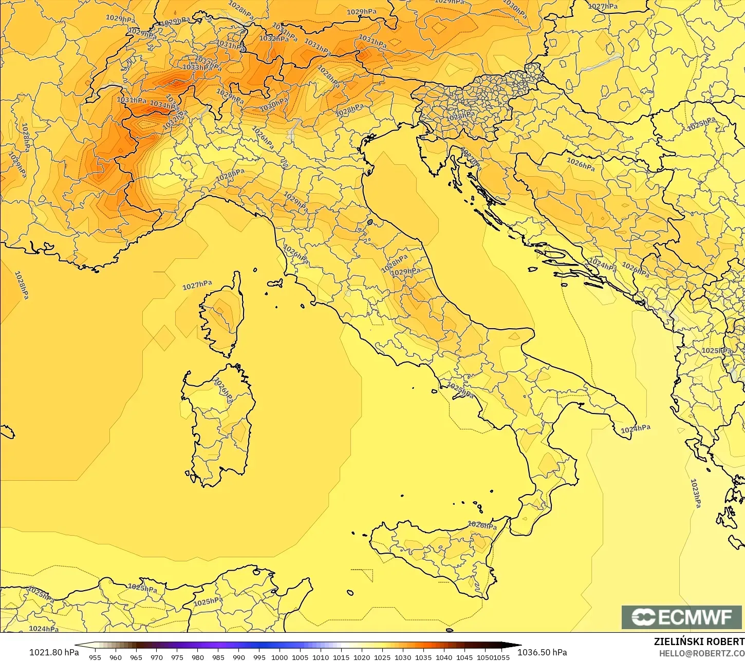 ECMWF IFS 0.25° modelo - Italia, Presión