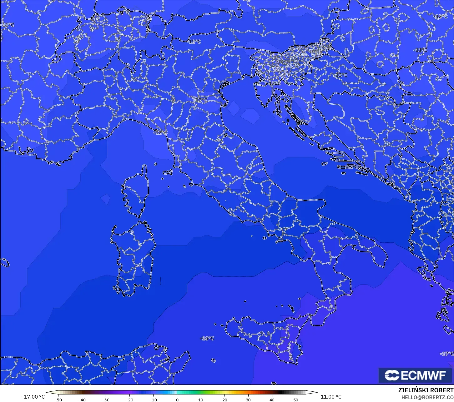 ECMWF IFS 0.25° modelo - Italia, Temperatura a 500 hPa