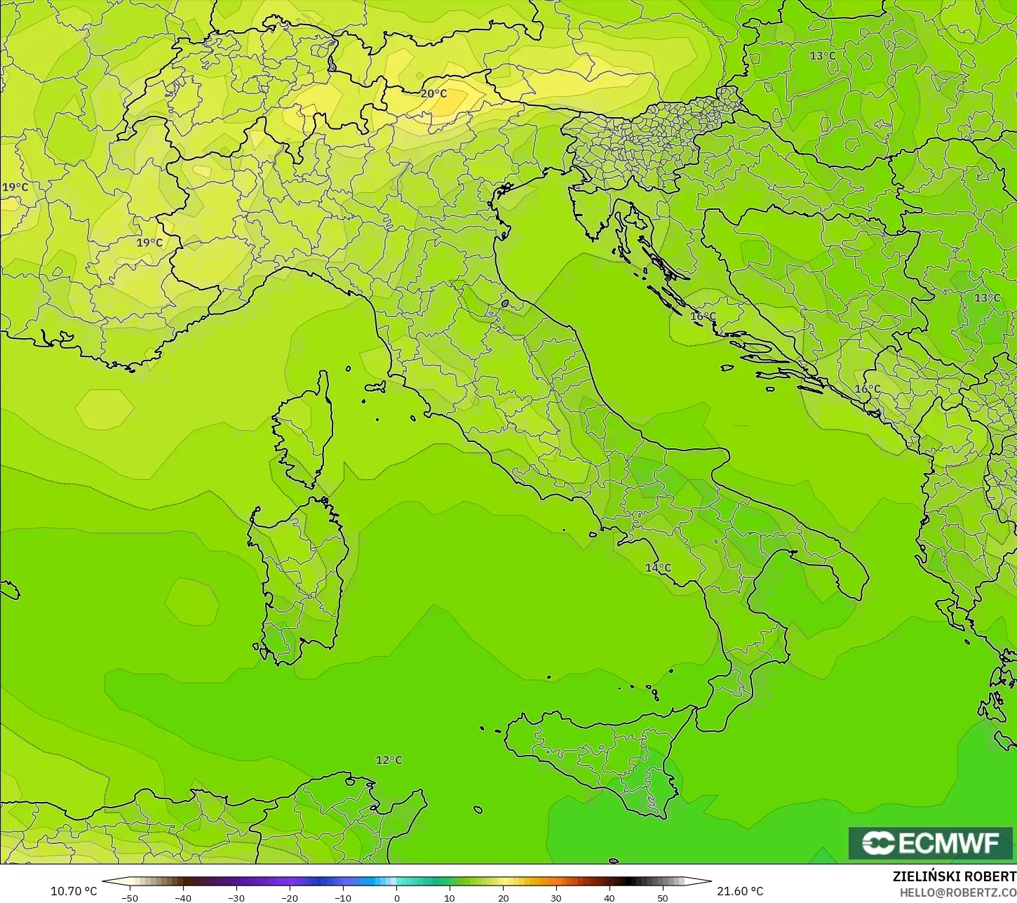 ECMWF IFS 0.25° modelo - Italia, Temperatura a 850 hPa