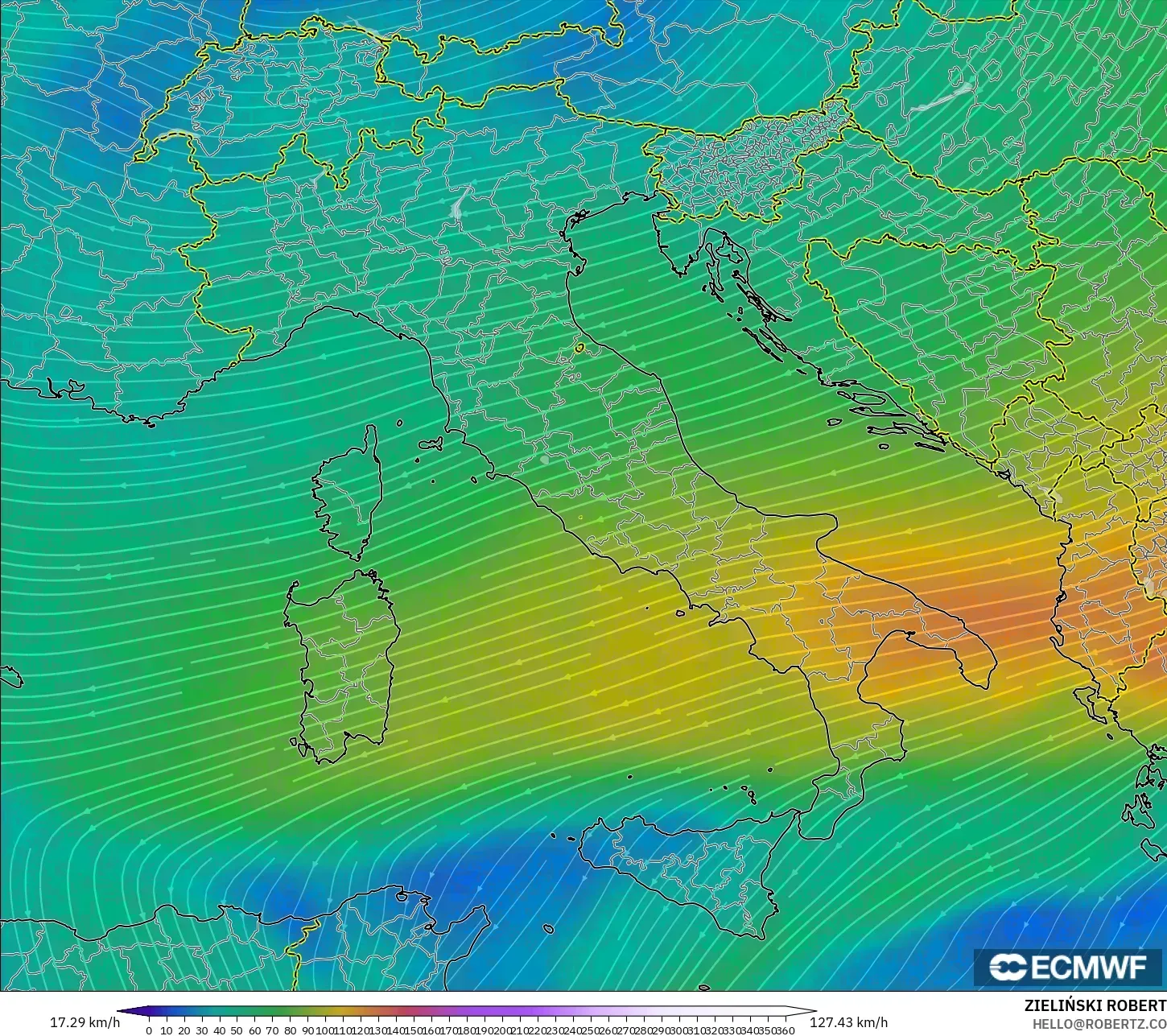 ECMWF IFS 0.25° modelo - Italia, Viento a 300 hPa (corriente en chorro)