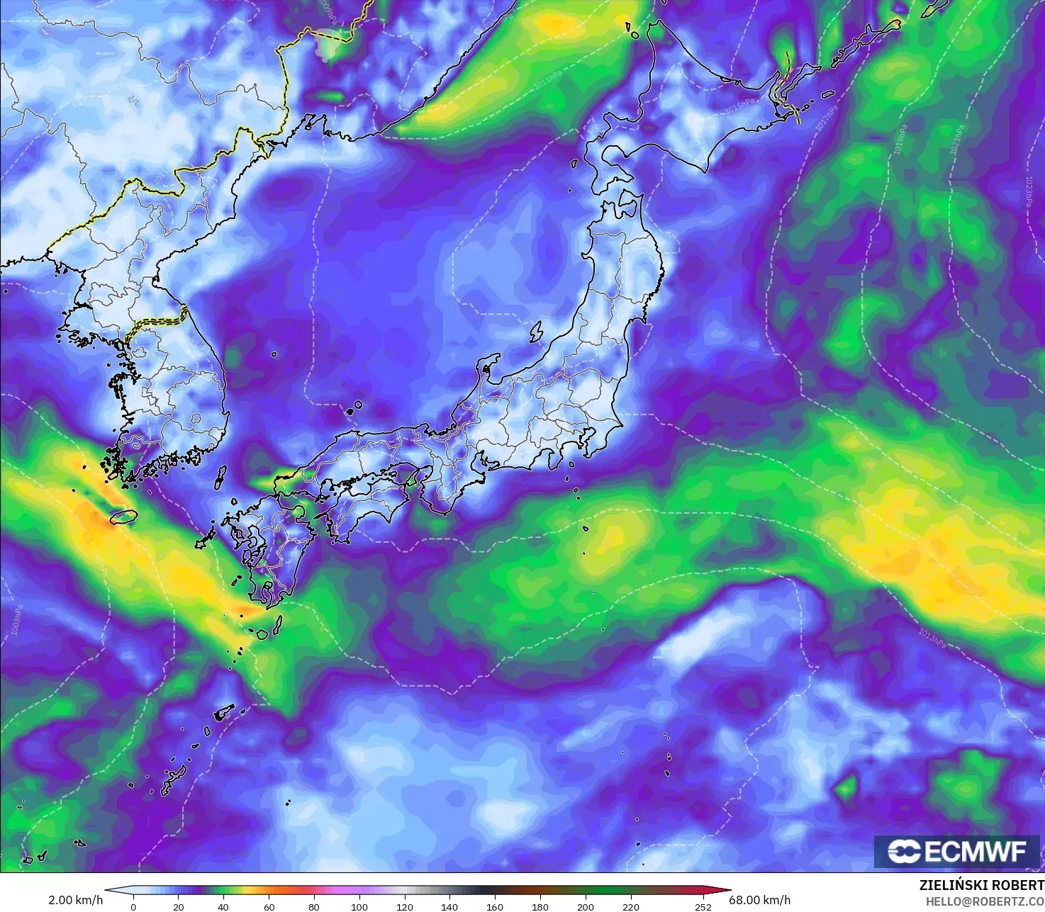 ECMWF IFS 0.25° modelo - Japón, Ráfagas de Viento Máximas