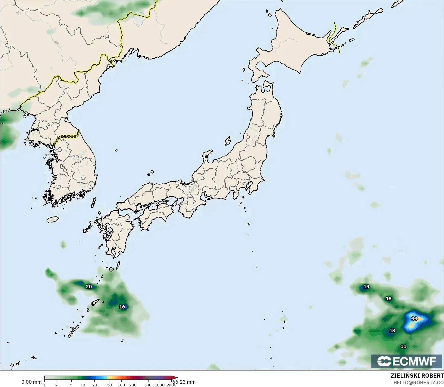 ECMWF IFS 0.25° modelo - Japón, Acumulación de precipitación