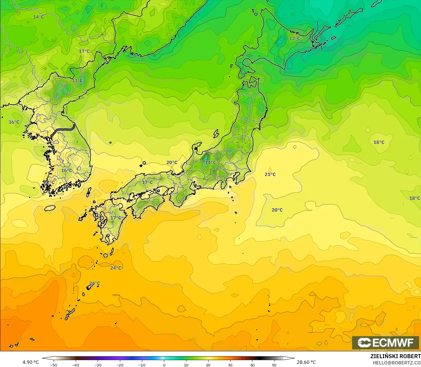 ECMWF IFS 0.25° modelo - Japón, Temperatura a 2 m