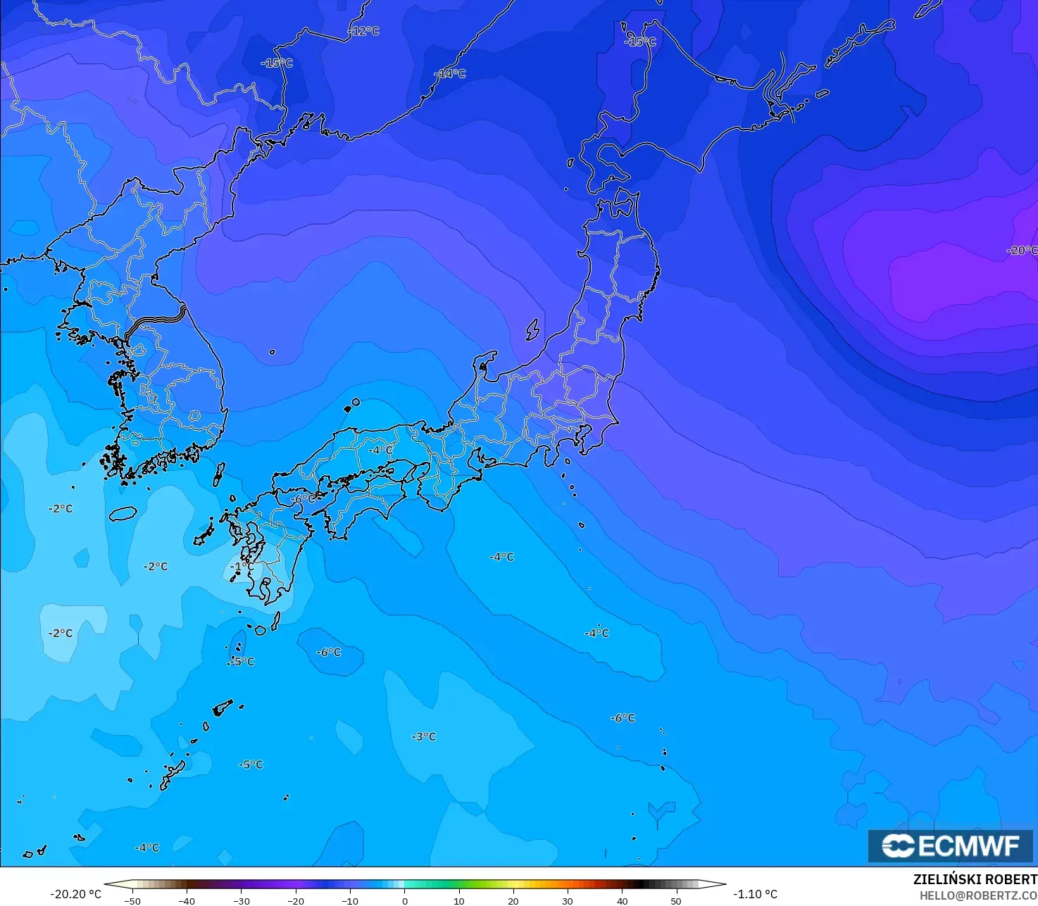 ECMWF IFS 0.25° modelo - Japón, Temperatura a 500 hPa