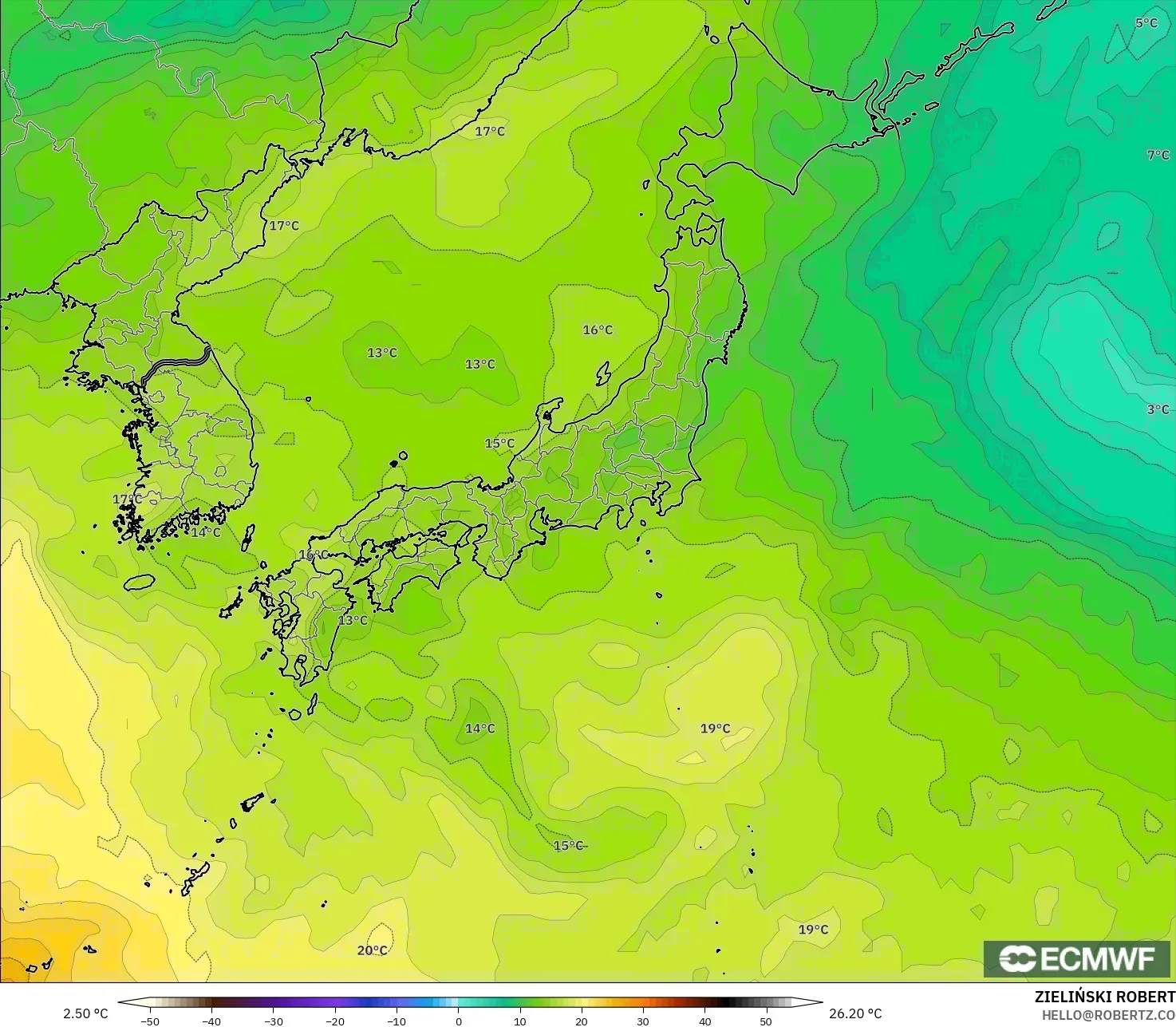 ECMWF IFS 0.25° modelo - Japón, Temperatura a 850 hPa