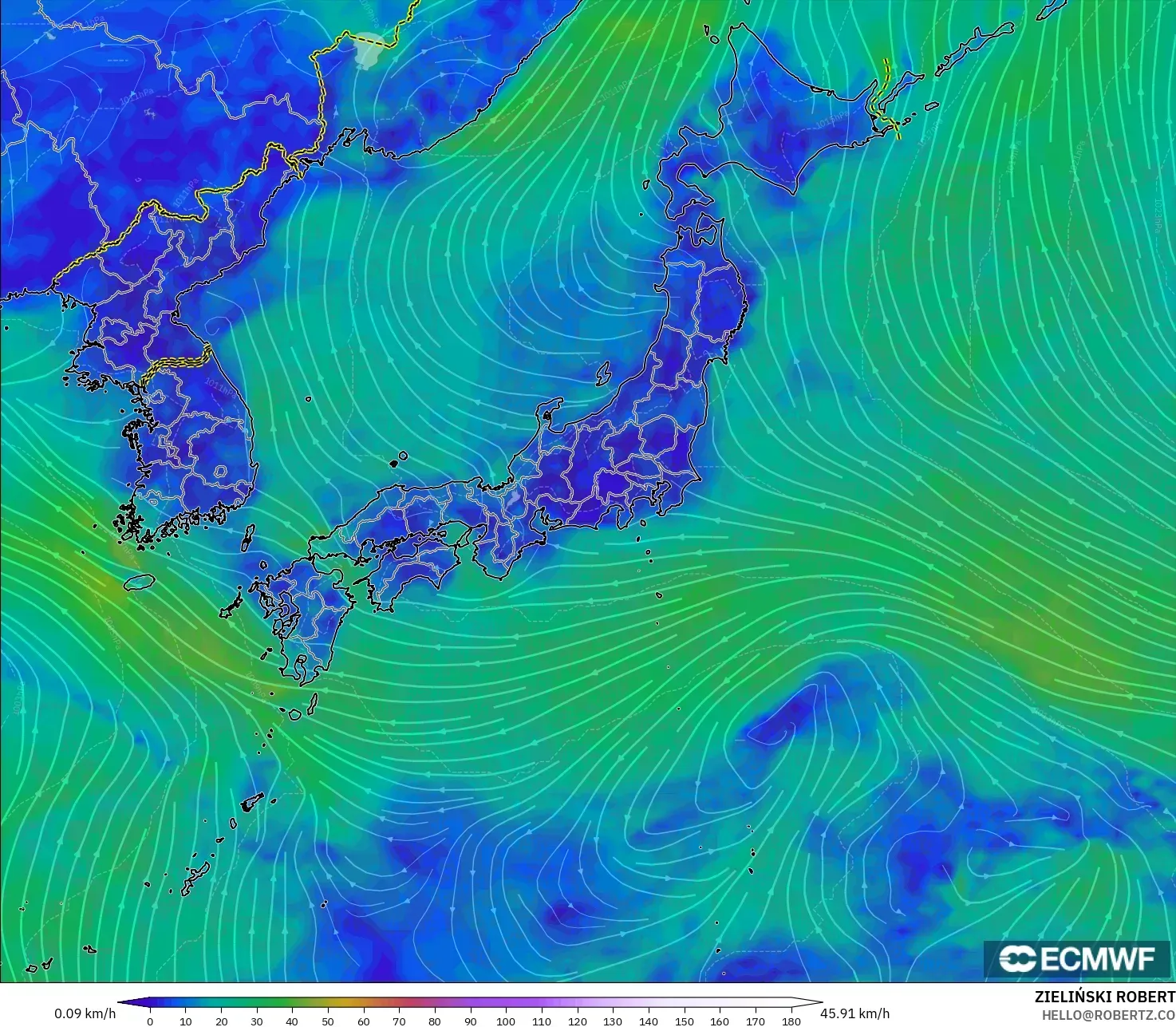ECMWF IFS 0.25° modelo - Japón, Viento a 10 m