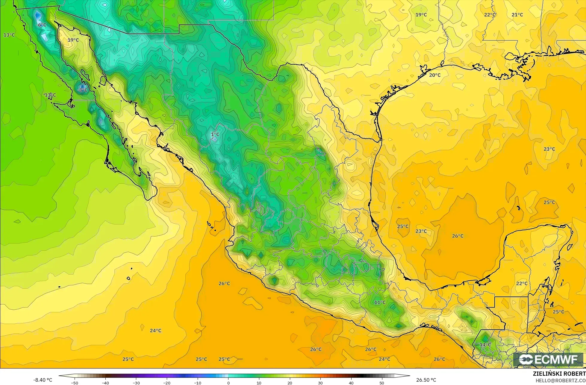 ECMWF IFS 0.25° modelo - México, Punto de rocío a 2 m