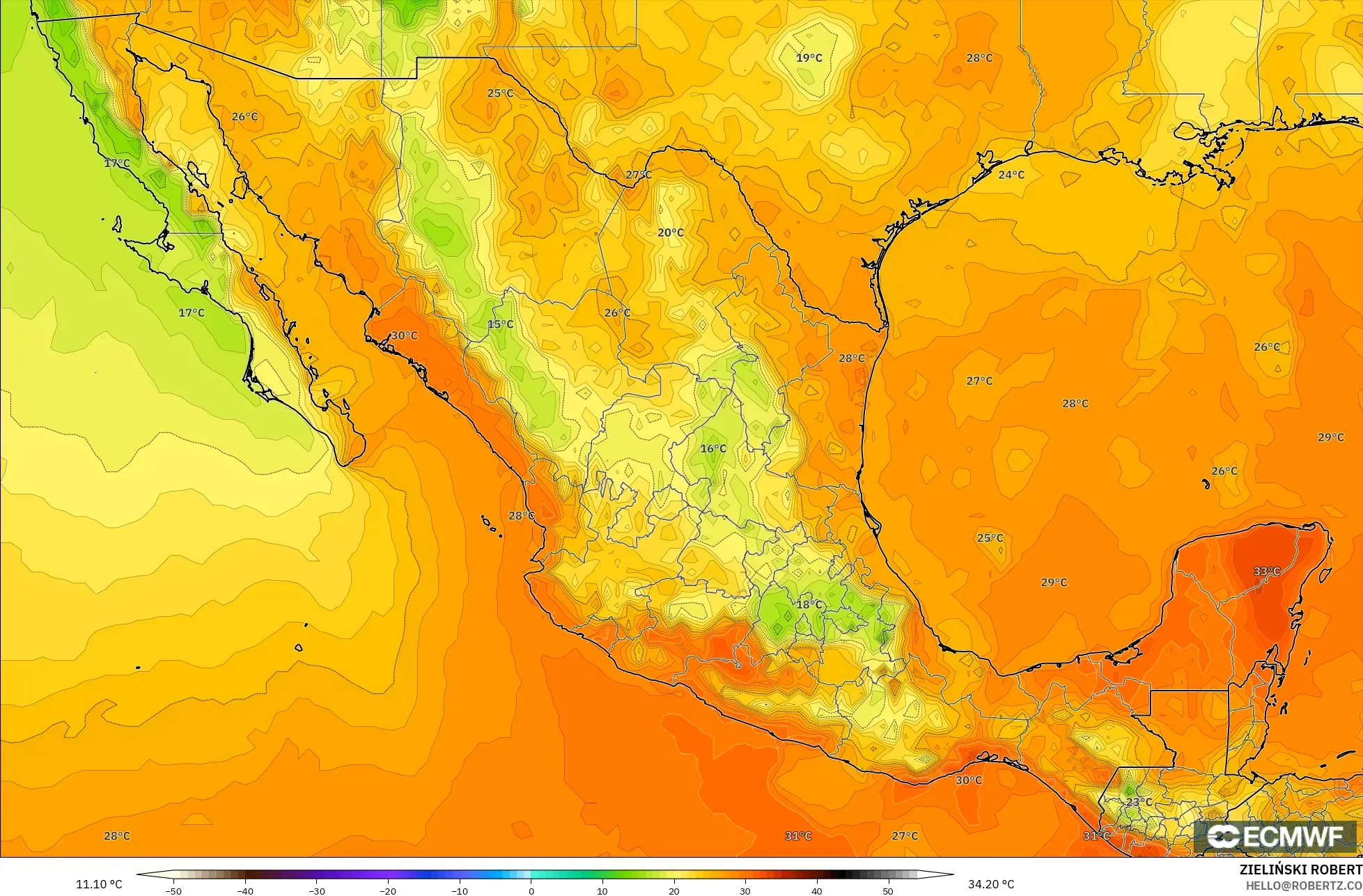 ECMWF IFS 0.25° modelo - México, Temperatura a 2 m