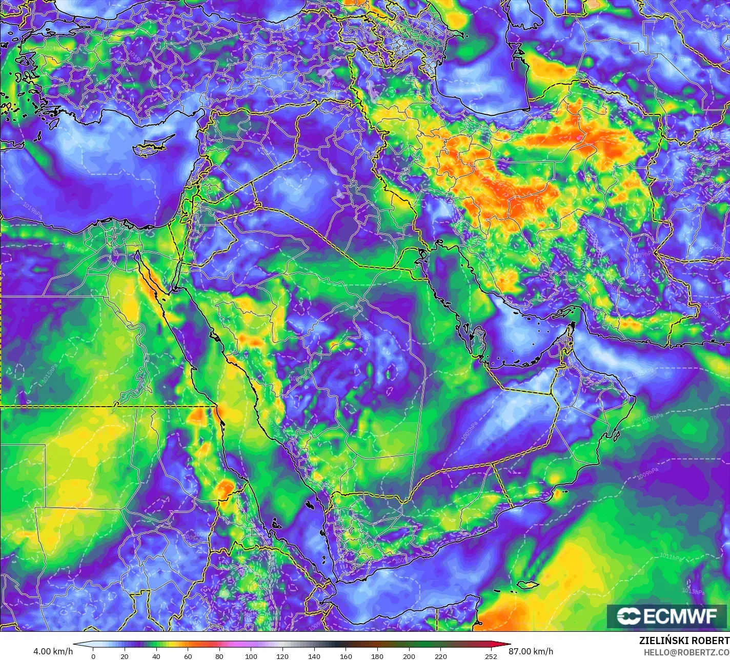 ECMWF IFS 0.25° modelo - Oriente Medio, Ráfagas de viento