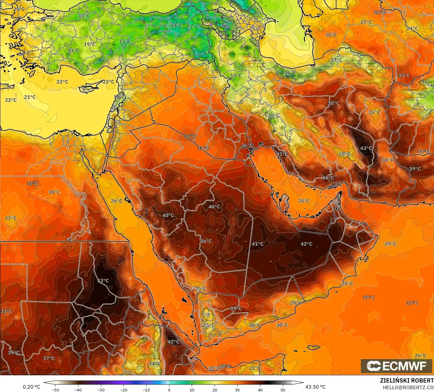 ECMWF IFS 0.25° modelo - Oriente Medio, Temperatura a 2 m