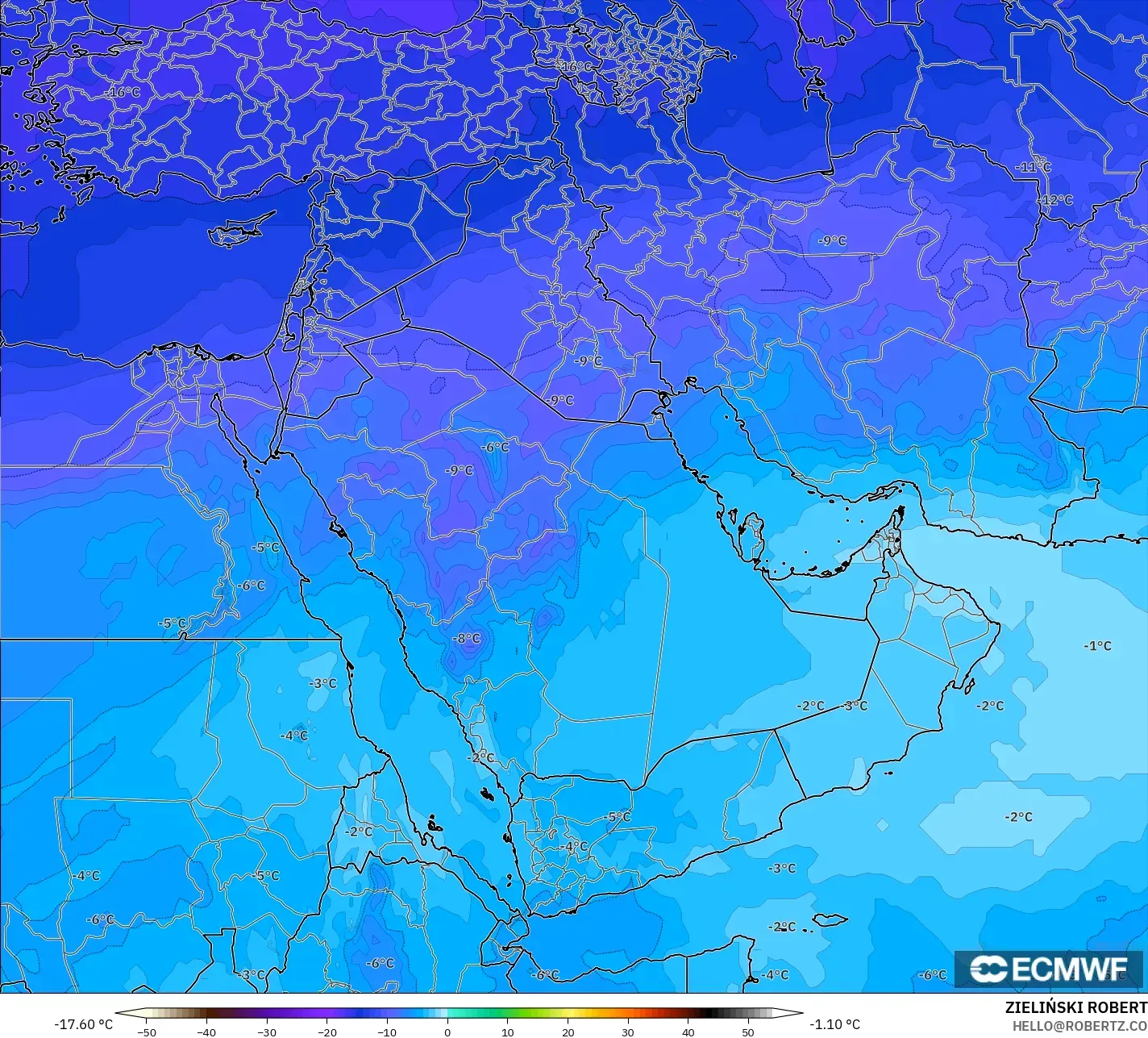 ECMWF IFS 0.25° modelo - Oriente Medio, Temperatura a 500 hPa