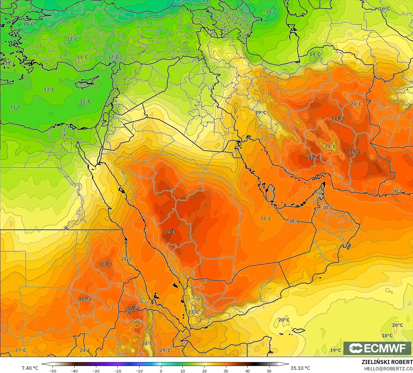ECMWF IFS 0.25° modelo - Oriente Medio, Temperatura a 850 hPa