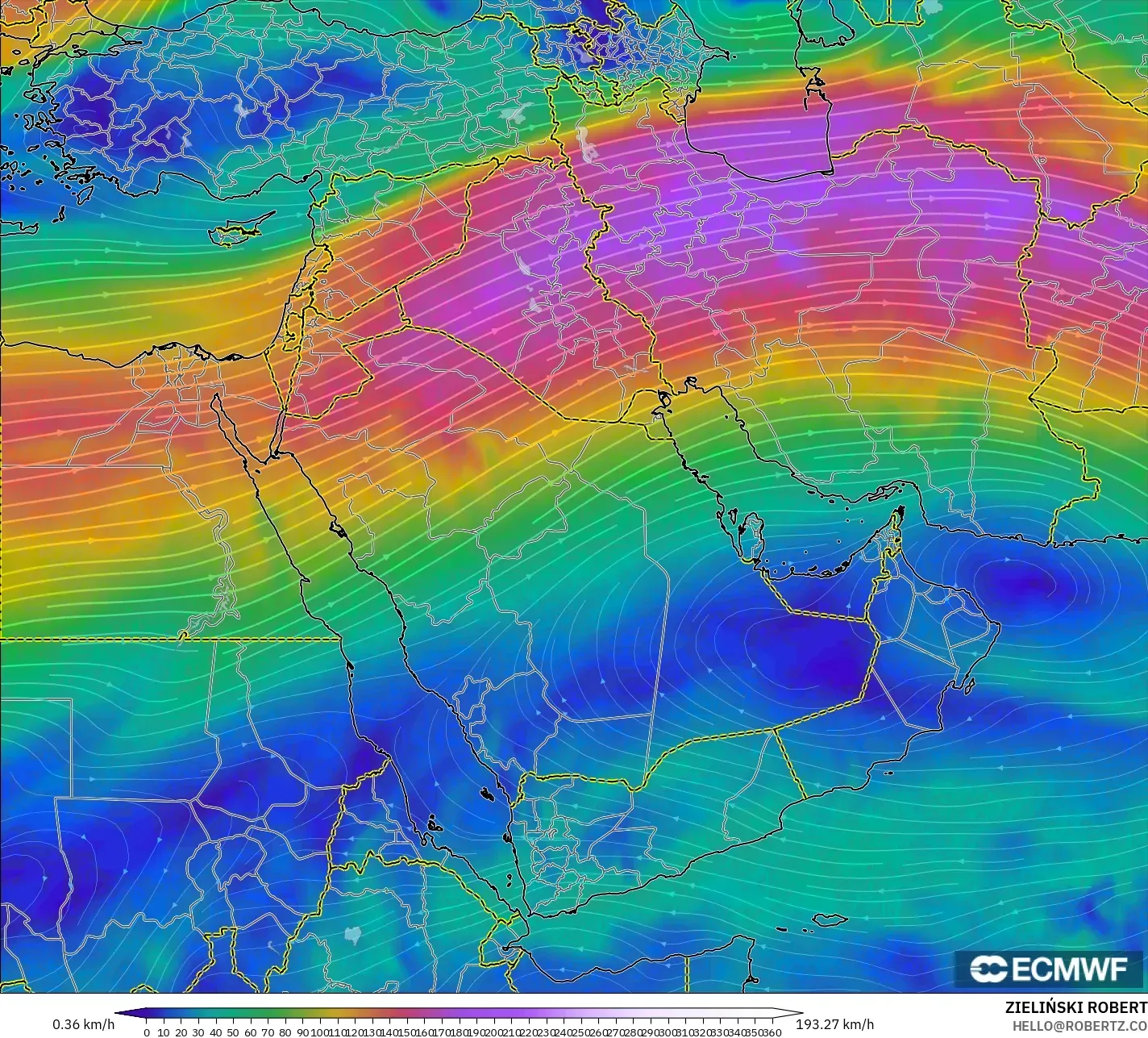 ECMWF IFS 0.25° modelo - Oriente Medio, Viento a 300 hPa (corriente en chorro)