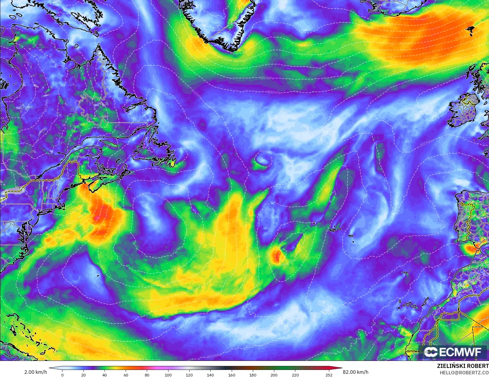 ECMWF IFS 0.25° modelo - Norte Atlántico, Ráfagas de Viento Máximas