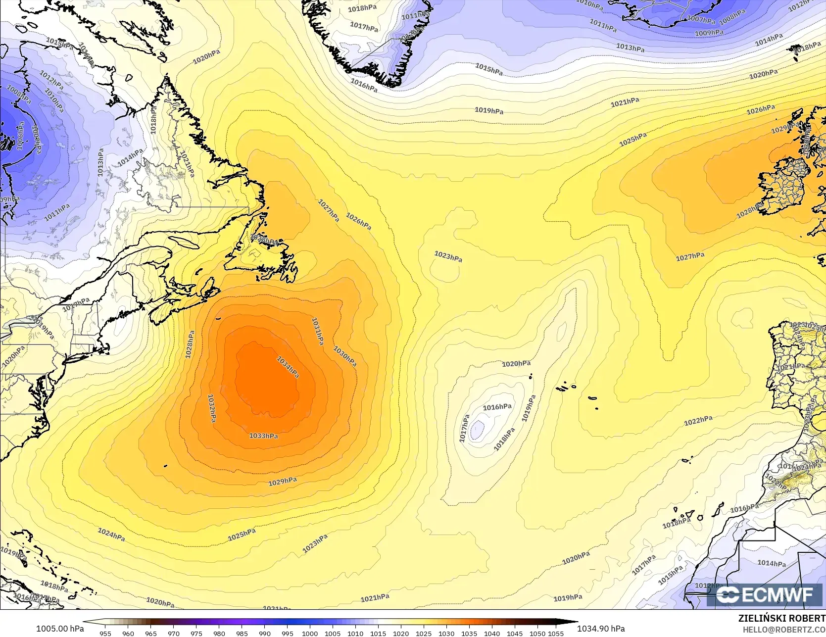 ECMWF IFS 0.25° modelo - Norte Atlántico, Presión